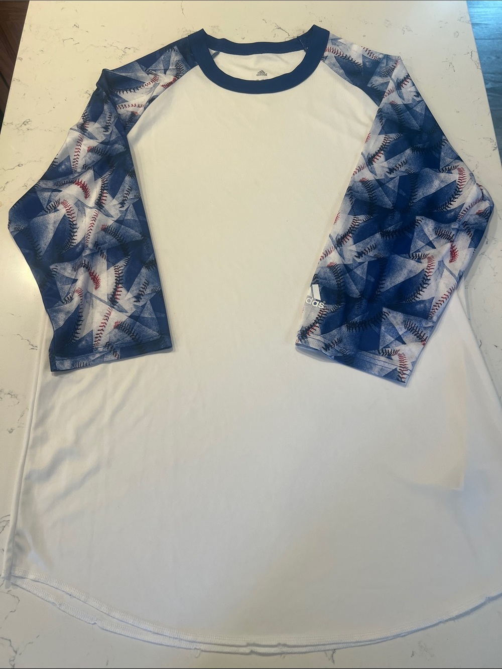 adidas White Raglan Tee with Blue Baseball Graphic Sleeves